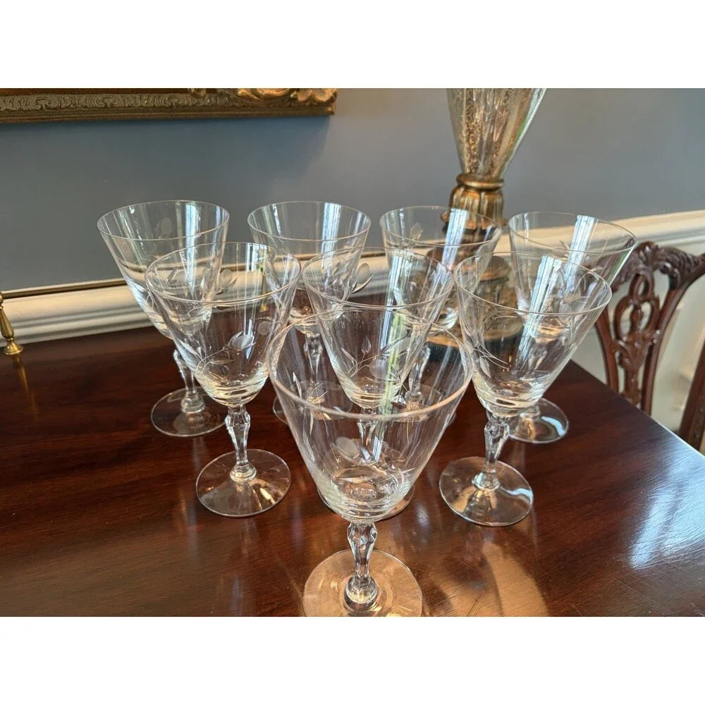 8 Vintage Signed Fostoria Sweetheart Rose Crystal Water Goblets Glasses 7